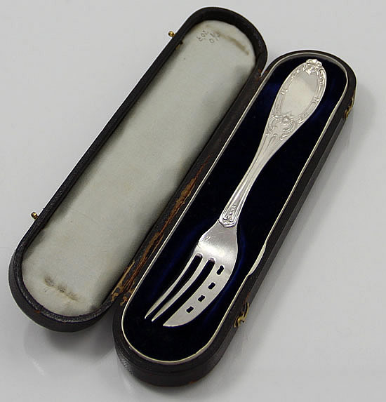 antique coin silver pastry fork in the original box