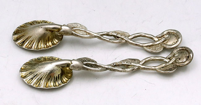 English pair of sterling silver leaf salt spoons by Joseph Willmore ...