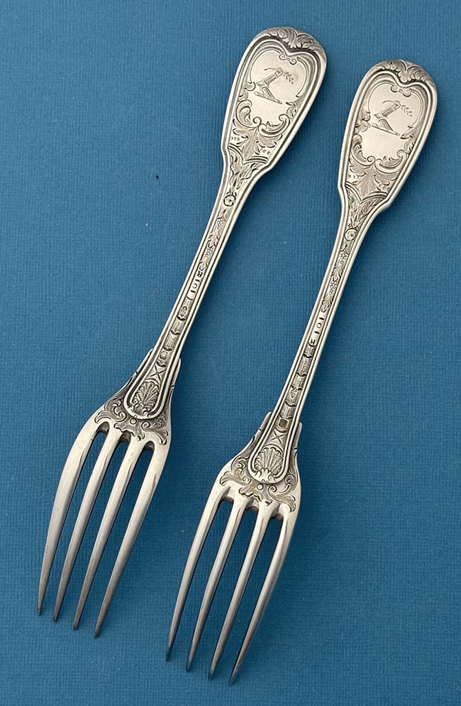 Crested engraved antique silver French forks