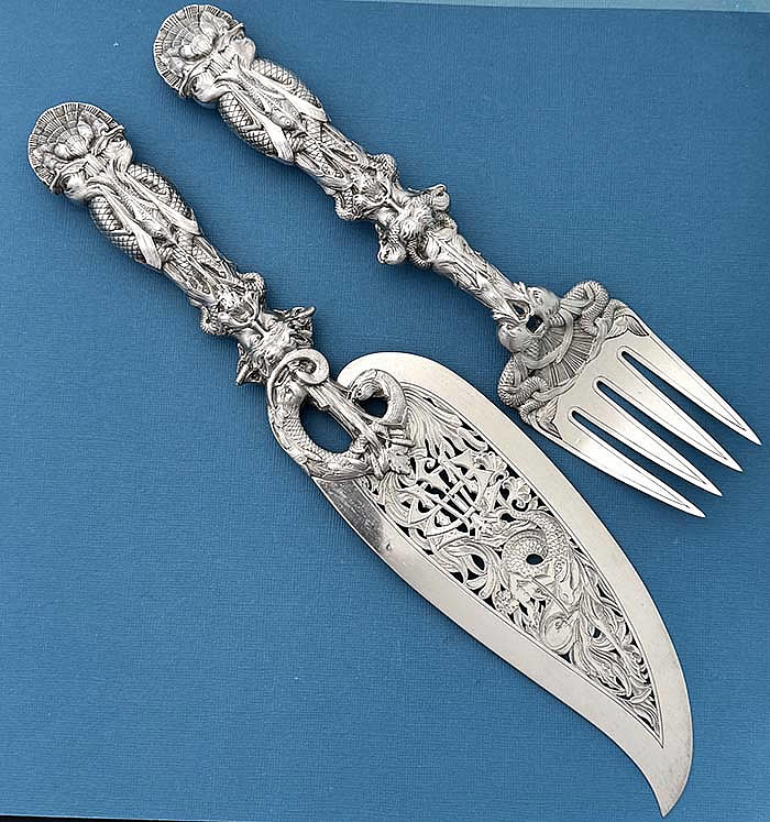 English antique silver fish serving set