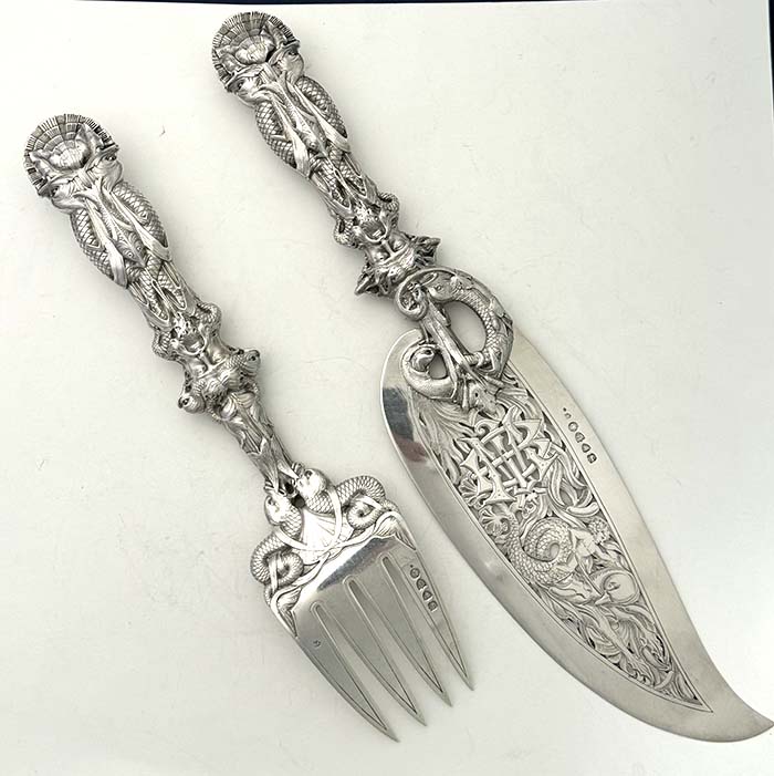 English antique silver fish set