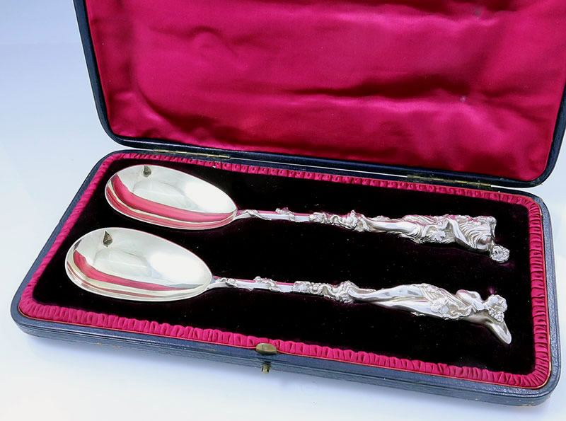 Pair of English silver figural spoons in case