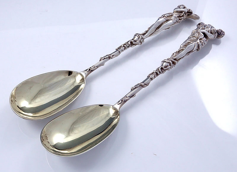 Pair of English silver figural spoons in case