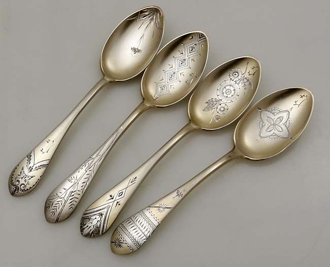 Gorham Aesthetic hand engraved dessert spoons with engraved Japanese style decoration