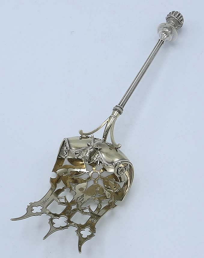 George Sharp antique silver serving fork with stag and helmet