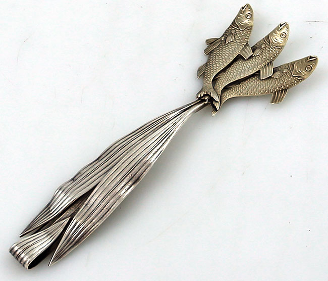 Shiebler sterling sardine fork with leaves and three sardines