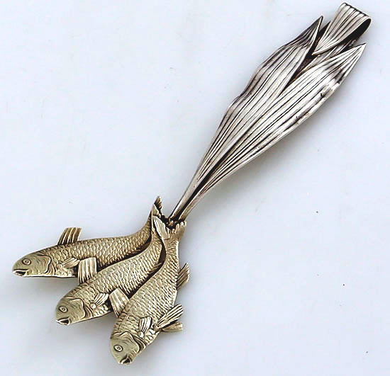 Shiebler sterling sardine fork with leaves and three sardines