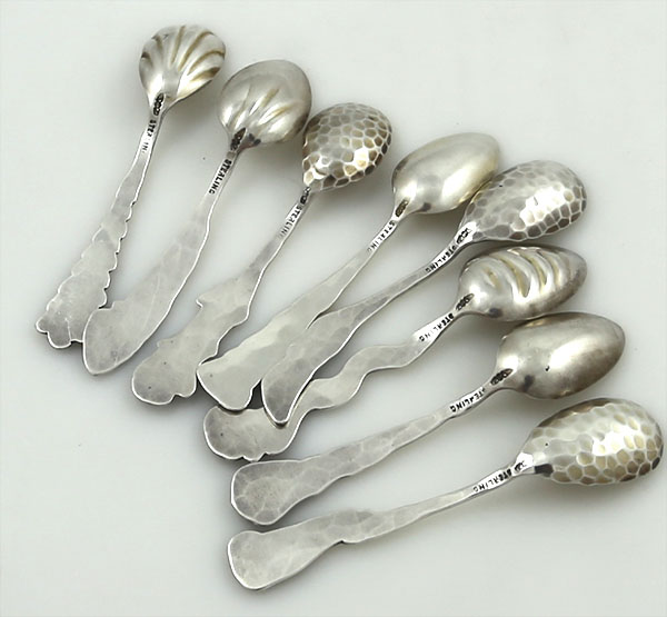 set of eight Shiebler hammered sterling  demitasse spoons with applied creatures