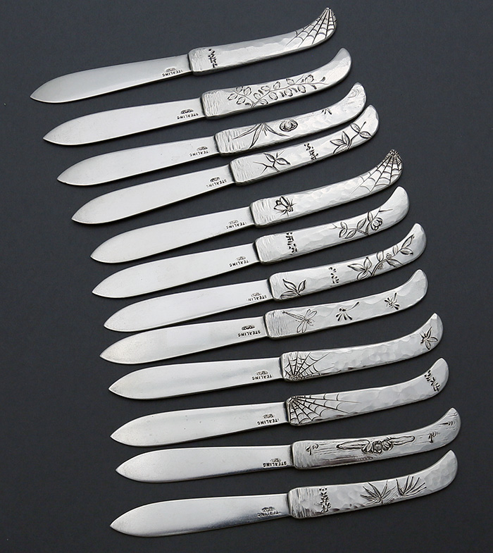 twelve Shiebler all sterling silver fruit knives hammered and engraved 