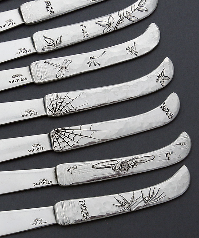 twelve Shiebler all sterling silver fruit knives hammered and engraved 