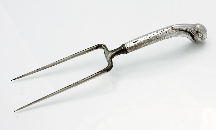 Shiebler sterling handle roast fork with figural stork handle