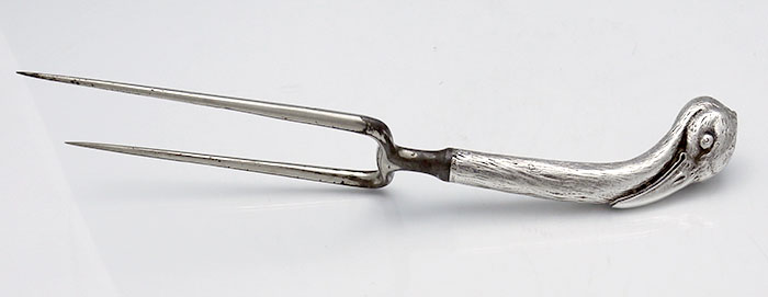 Shiebler sterling handle roast fork with figural stork handle