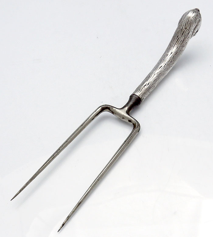 Shiebler sterling handle roast fork with figural stork handle