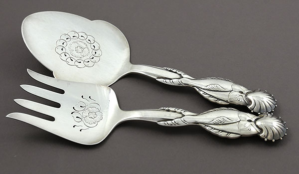 Georg Jensen Denmark sterling hammered fish serving set with wrapped fish handles