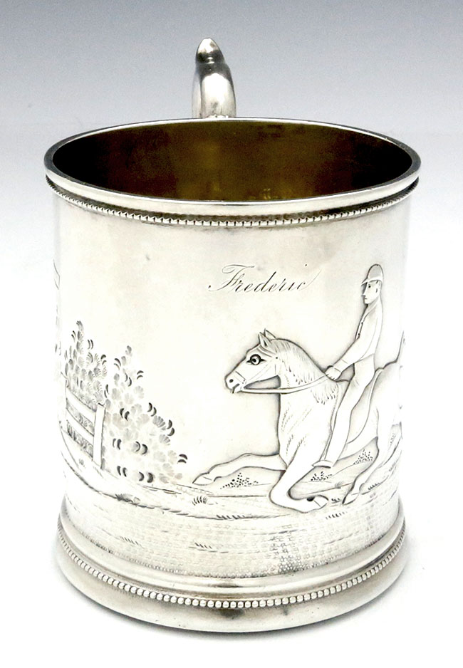 coin silver antique cup with horse and rider