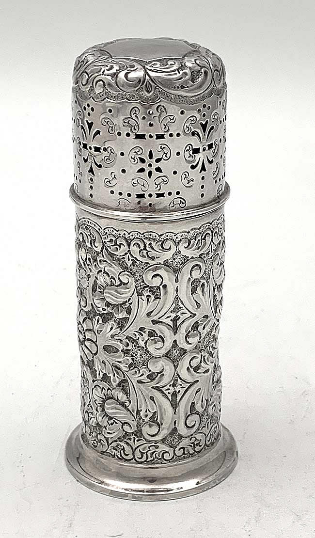 English antique silver chased sugar shaker