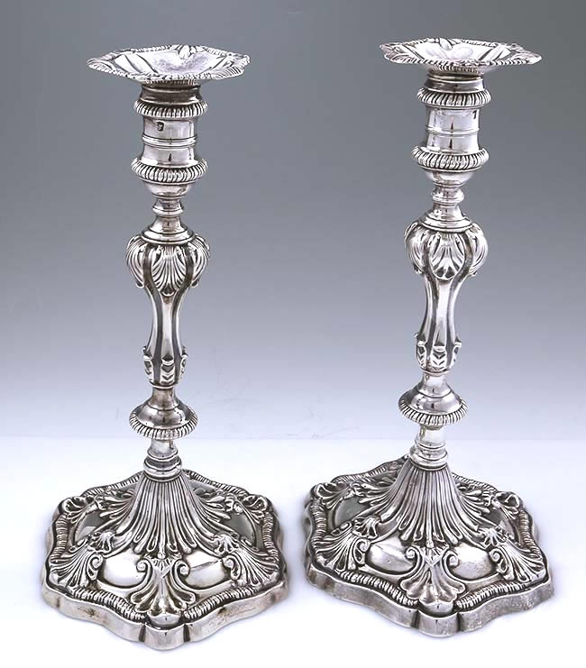 Pair of English silver candlesticks by Ebenezer Coker c1765