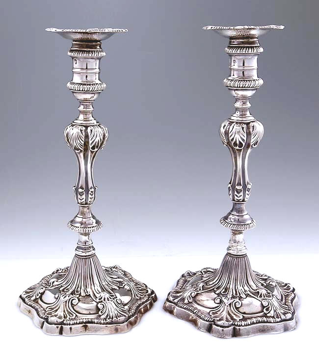 Pair of English silver candlesticks by Ebenezer Coker c1765