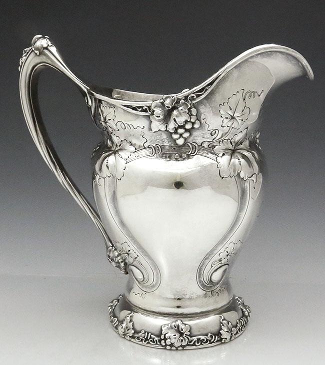 Gorham antique sterling pitcher with applied grapes and vines with leaves