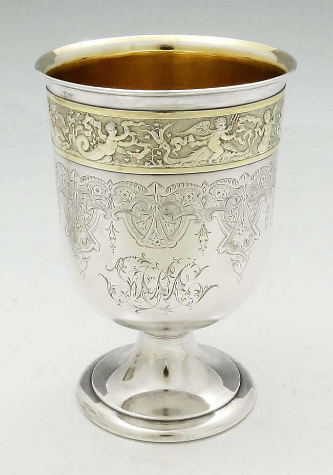 pair of Gorham antique sterling silver goblets with engraving and cupid ...