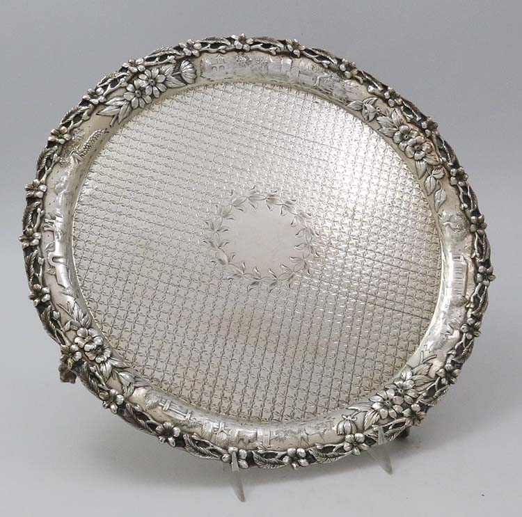 antique sterling silver landscape salver footed