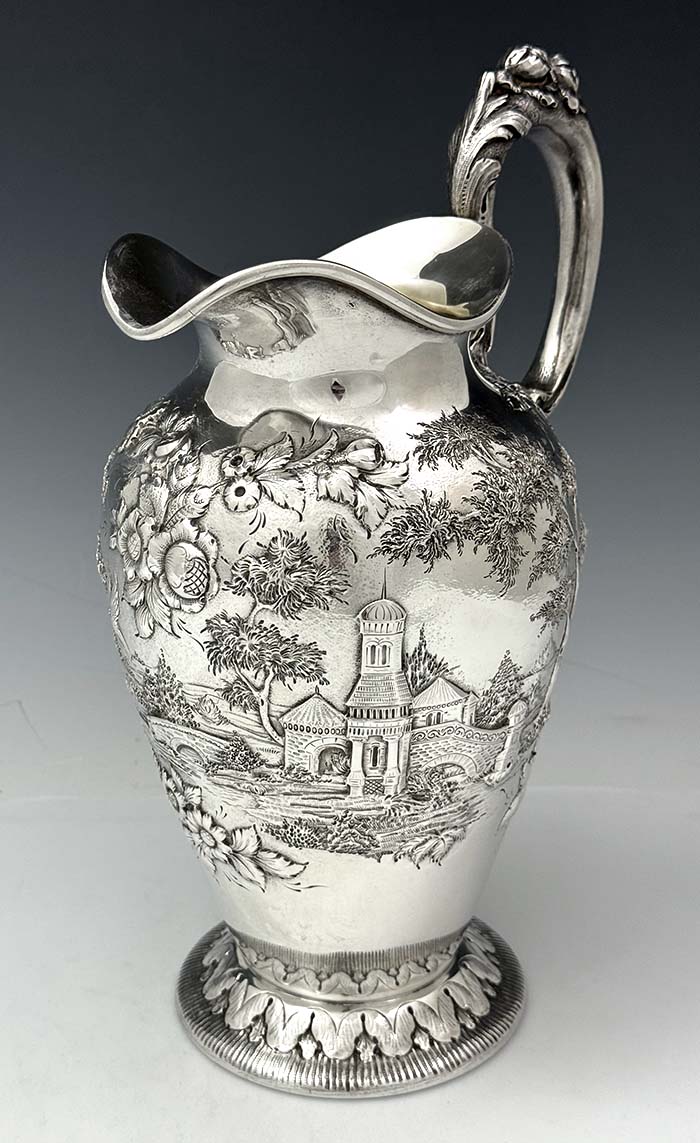 antique sterling S Kirk pitcher landscape castle pattern