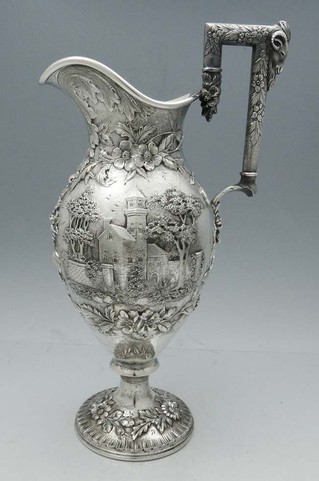 fine Kirk landscape ewer rams head handle