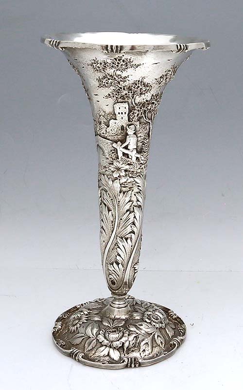 S Kirk and Son antique sterling landscape castle pattern vase