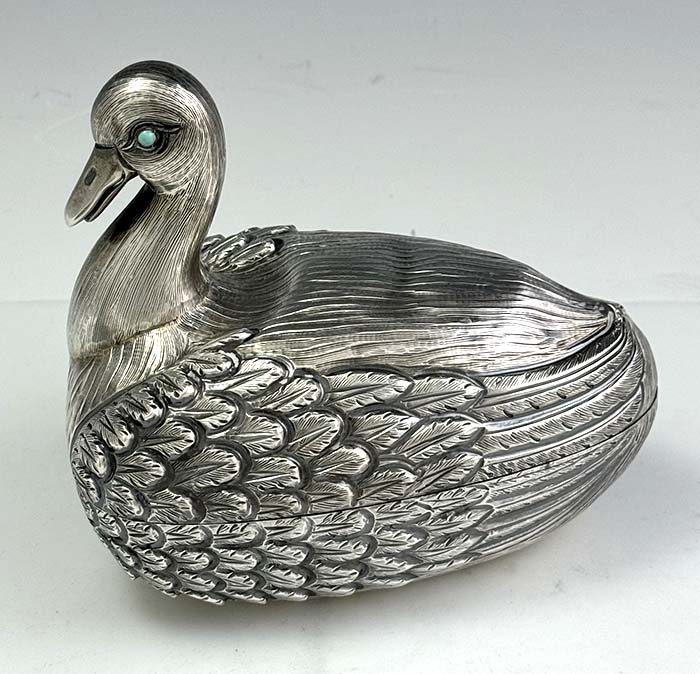 covered abtiquye sterling silver bon bon duck shaped boxes Tane Mexico