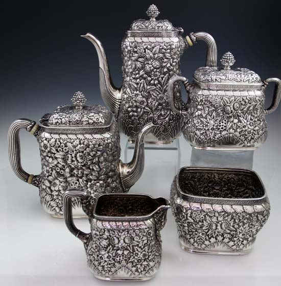 Tiffany Repousse sterling five piece tea set