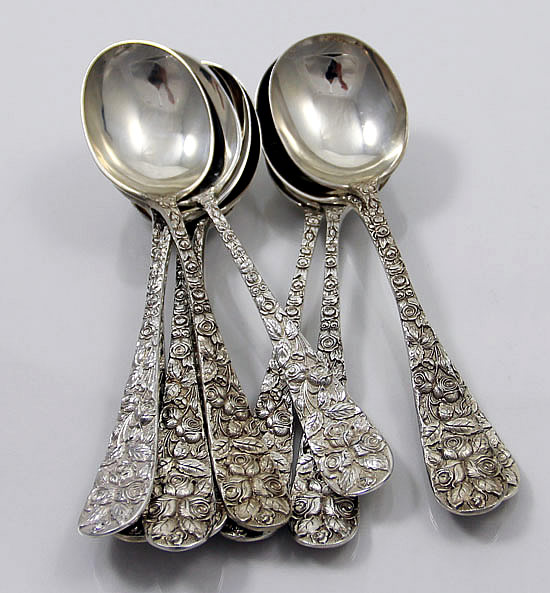 Stieff Baltimore Rose sterling gumbo spoons decorated both sides