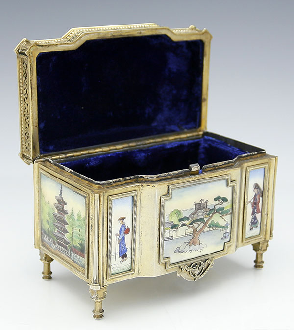 lid open of Austrian antique silver enamel box