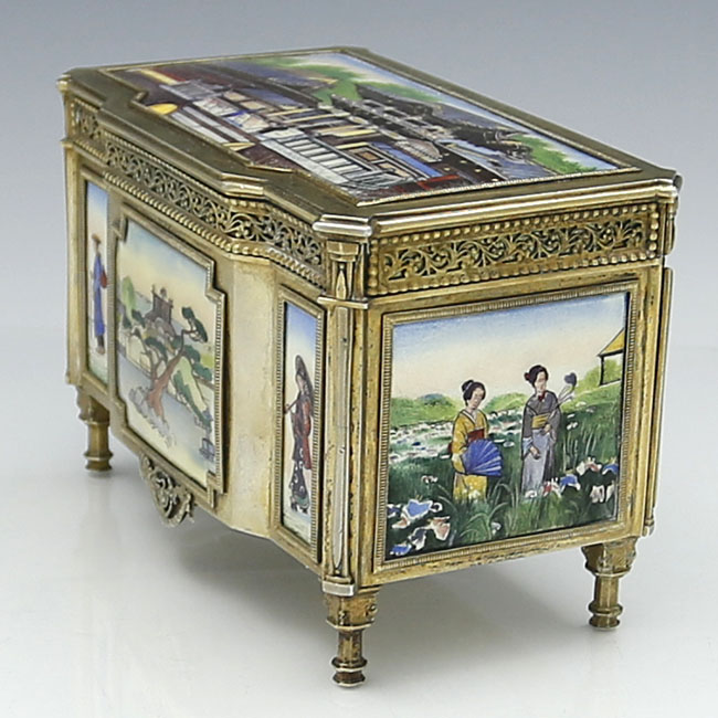 side view of Austrian silver and enamel casket