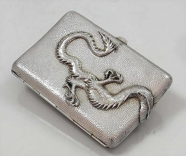 Chinese silver cigar case with dragon and gilt interior