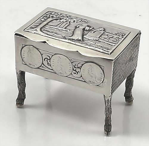 English antique match container with cast hoof feet silver coins set into side and striker