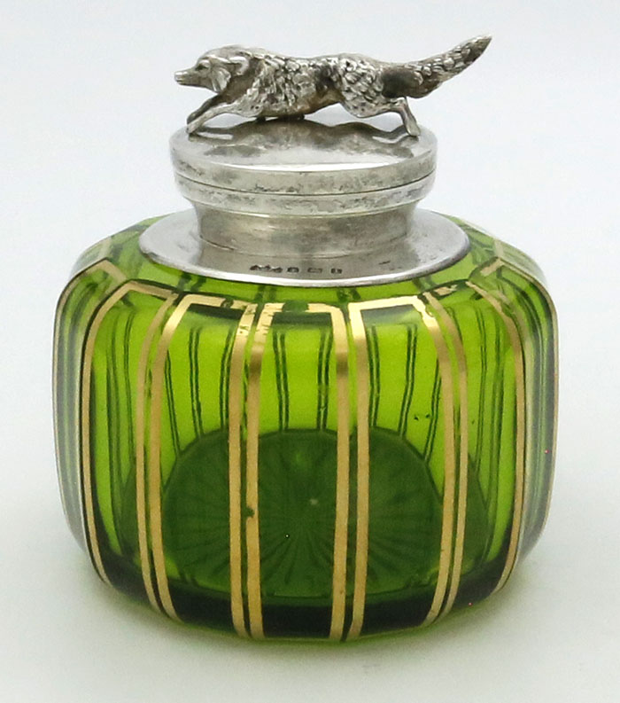 English glass and silver inkwell with 3D fox