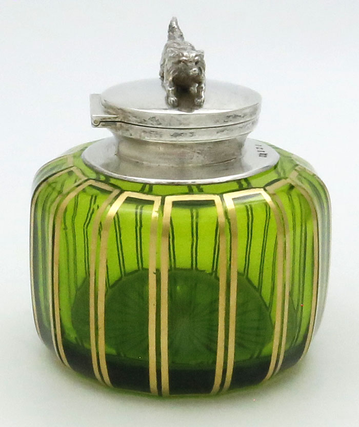 English silver and green glass inckwell by Andrew Barrett & Sons