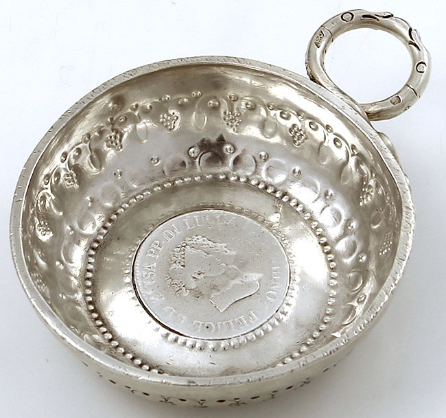 Large French antique silver wine taster with coin