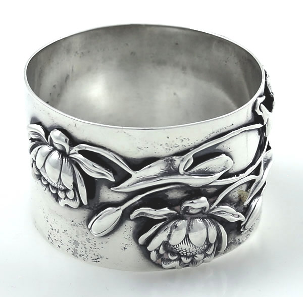 Shiebler sterling napkin ring with applied flowers and leaves