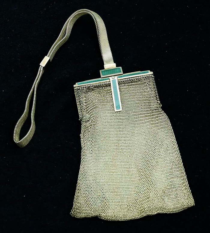 Art Deco sterling gilt mesh purse with green enamel frame