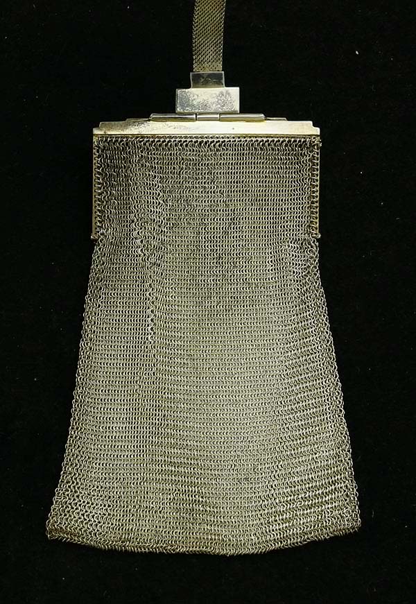 Art Deco sterling gilt mesh purse with green enamel frame