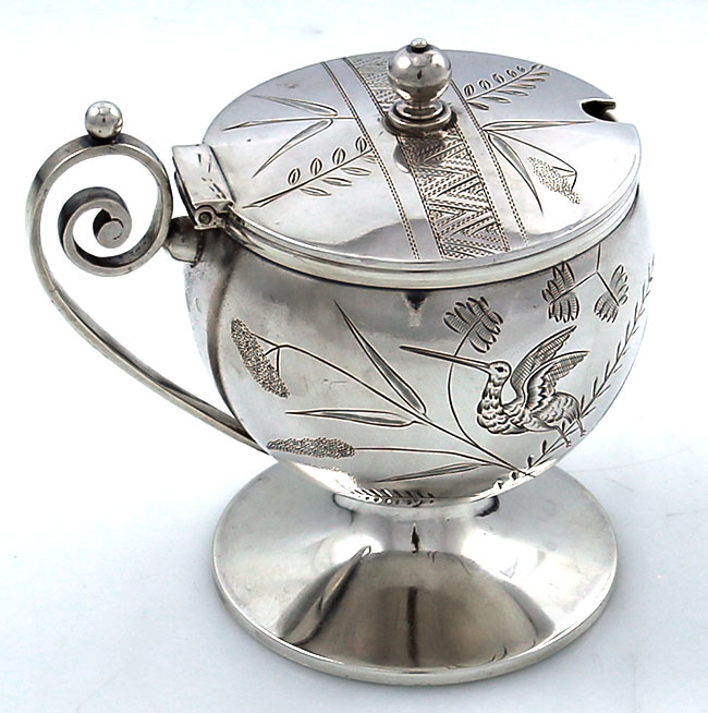 engraved antique sterling silver mustard pot in the Japanese taste