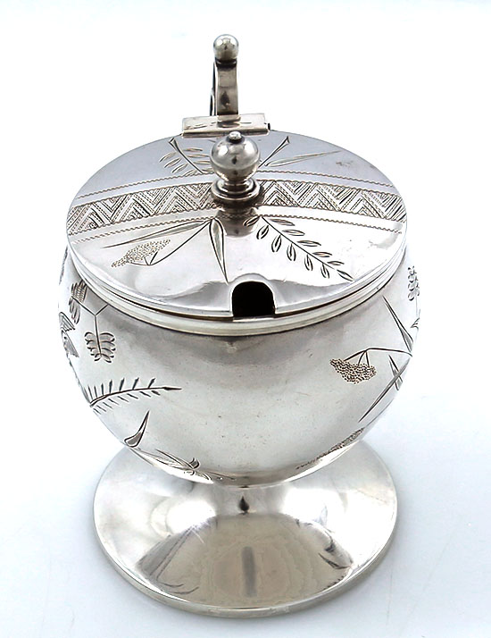 engraved antique sterling silver mustard pot in the Japanese taste