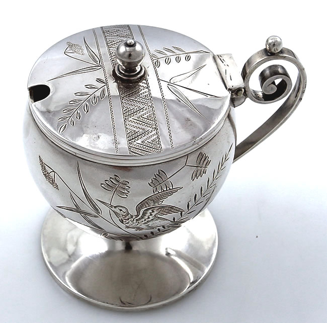 engraved antique sterling silver mustard pot in the Japanese taste