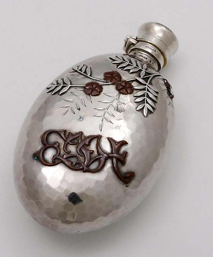 Whiting antique hammered sterling flask with mixed metals flies ferns etc