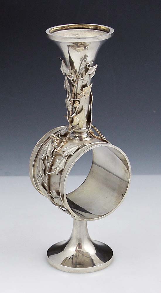 Whiting antique sterling silver vase with napkin ring and applied ivy leaves posy holder circa 1870