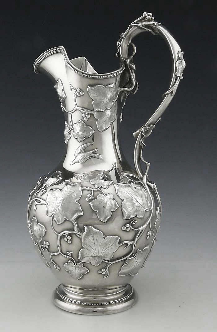 Eoff & Shepard coin silver pitcher with appied vines and birs