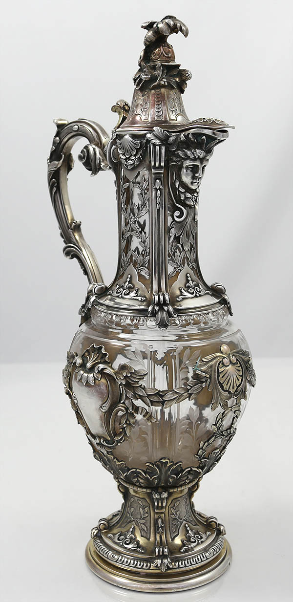 ornate antique French silver carafe for wine with engracved glass and applied gilded silver circa 1880