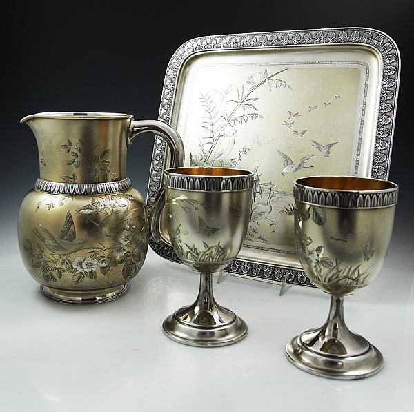 Gorham museum qulaity lemonade set comprising a pitcher tray dn two goblets