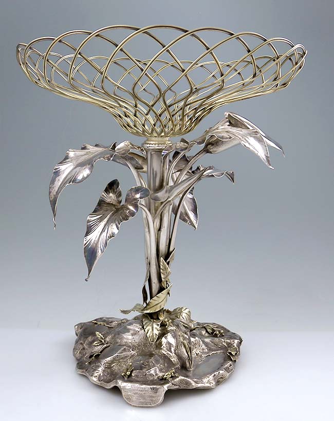 Gorham sterling centerpiece with fruit bowl and naturalistic calla lily and leaves bugs on the base